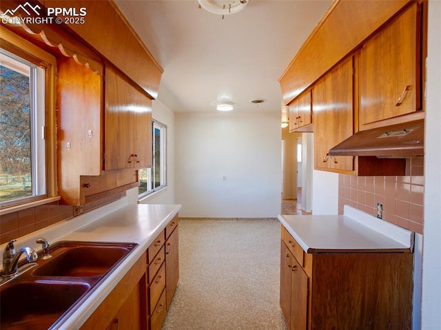 1161 Supple Cir, Pueblo, CO 81006 - kitchen with brown cabinetry, tasteful backsplash, and light carpet