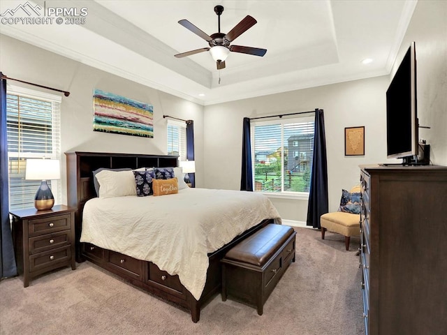 12646 Windingwalk Dr, Peyton, CO 80831 - bedroom with light carpet, a tray ceiling, crown molding, a ceiling fan, and recessed lighting