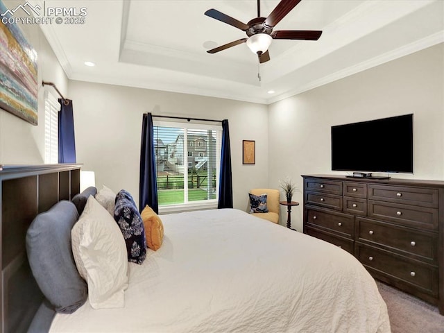 12646 Windingwalk Dr, Peyton, CO 80831 - carpeted bedroom with a raised ceiling, ornamental molding, a ceiling fan, and recessed lighting