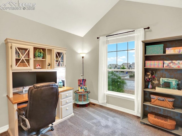 12646 Windingwalk Dr, Peyton, CO 80831 - carpeted home office featuring lofted ceiling and baseboards