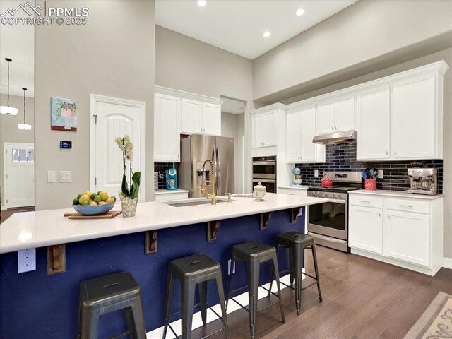 12646 Windingwalk Dr, Peyton, CO 80831 - kitchen with appliances with stainless steel finishes, under cabinet range hood, a towering ceiling, tasteful backsplash, and white cabinetry