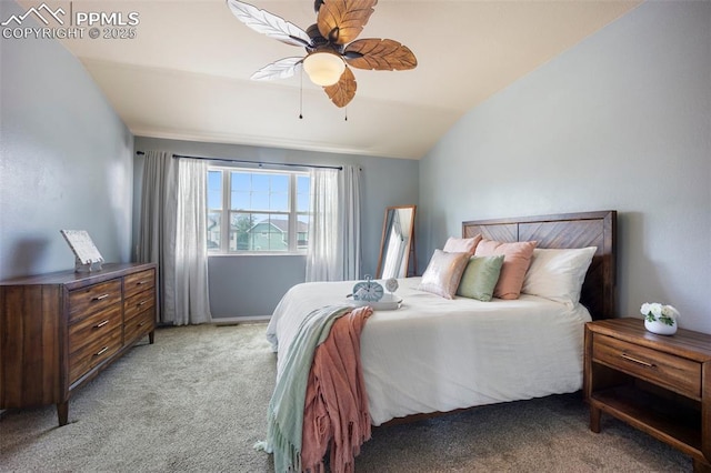 1880 Windover Ct, Fountain, CO 80817 - bedroom featuring light colored carpet, vaulted ceiling, and ceiling fan