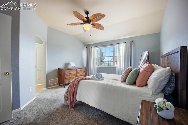 1880 Windover Ct, Fountain, CO 80817 - carpeted bedroom with arched walkways, lofted ceiling, and a ceiling fan