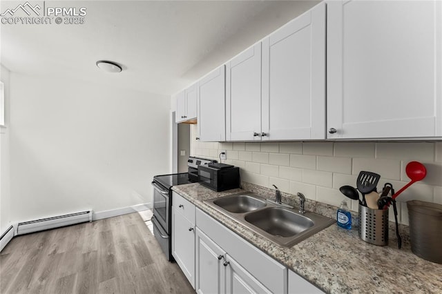 232 S Hancock Ave, Colorado Springs, CO 80903 - kitchen with electric range, backsplash, and white cabinets