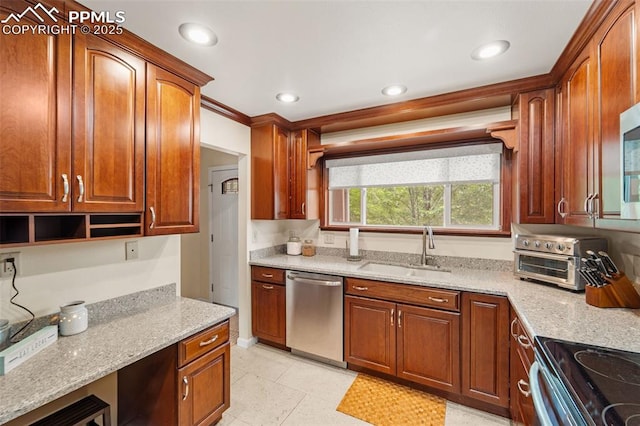 1105 Parkview Blvd, Colorado Springs, CO 80905 - kitchen with dishwasher, light stone countertops, recessed lighting, and brown cabinetry