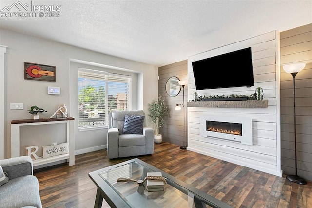 4914 Hawk Meadow Dr, Colorado Springs, CO 80916 - living room with a glass covered fireplace, wood finished floors, a textured ceiling, and wood walls