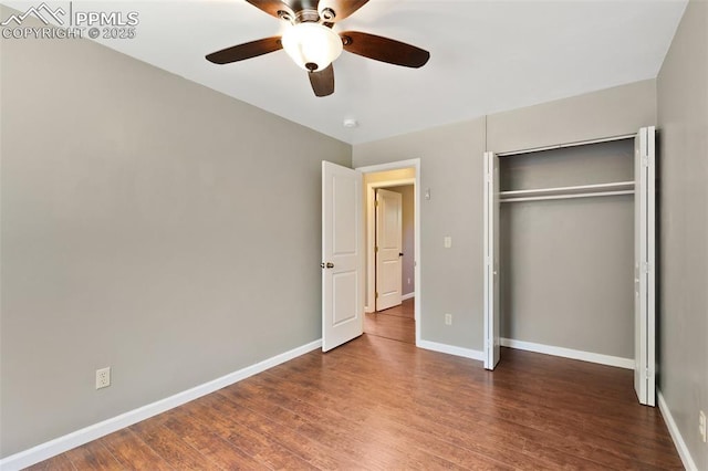 1443 Luna Dr, Fountain, CO 80817 - unfurnished bedroom featuring wood finished floors, ceiling fan, and a closet