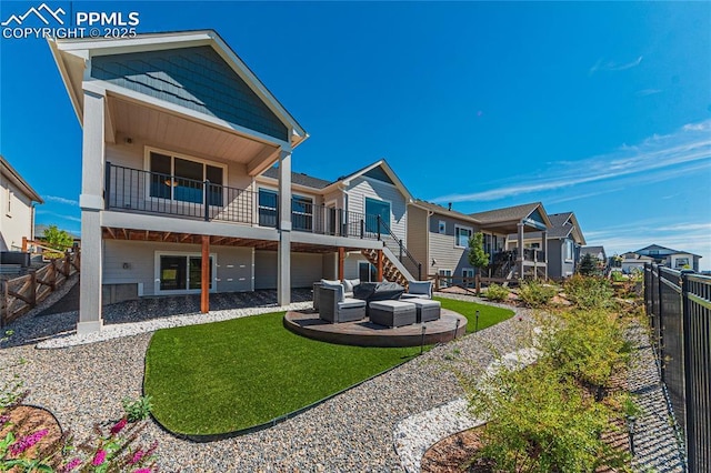 5960 Bennach Grv, Colorado Springs, CO 80927 - back of property with a fenced backyard, outdoor lounge area, a patio area, a residential view, and a garage