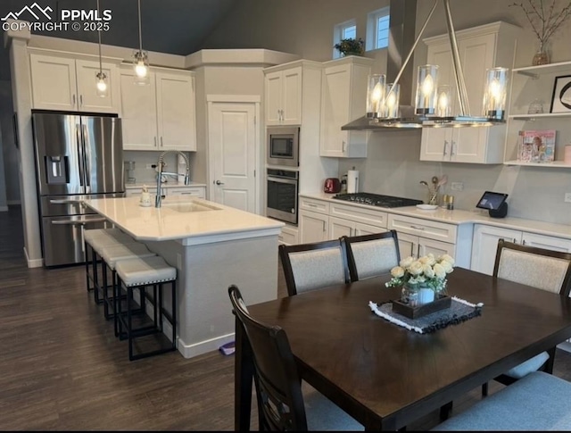 5960 Bennach Grv, Colorado Springs, CO 80927 - kitchen featuring stainless steel appliances, white cabinetry, dark wood finished floors, a kitchen island with sink, and high vaulted ceiling