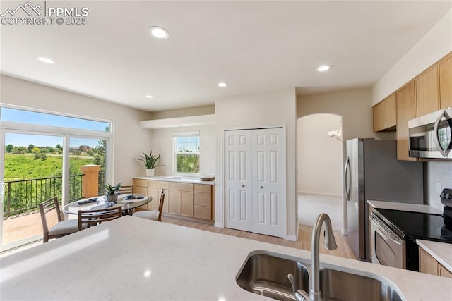9891 Red Sage Dr, Colorado Springs, CO 80920 - kitchen with appliances with stainless steel finishes, light brown cabinets, light stone counters, light wood-style flooring, and recessed lighting