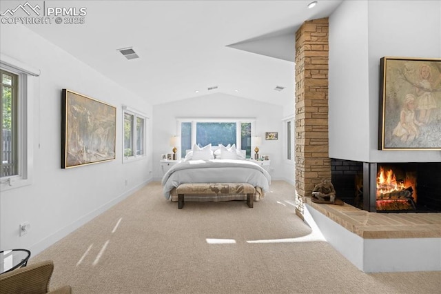18 2nd St, Colorado Springs, CO 80906 - bedroom featuring vaulted ceiling, a lit fireplace, carpet, and recessed lighting