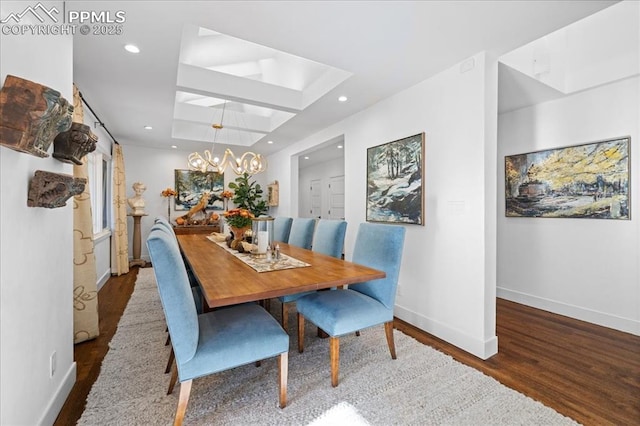 18 2nd St, Colorado Springs, CO 80906 - dining space with wood finished floors, a chandelier, recessed lighting, and a tray ceiling