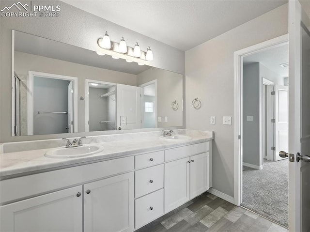 6222 Barr Pt, Colorado Springs, CO 80924 - bathroom featuring double vanity, a shower with door, and wood finished floors