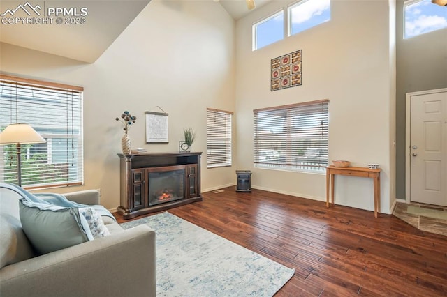 6372 Shooting Iron Way, Colorado Springs, CO 80923 - living room featuring a towering ceiling, hardwood / wood-style floors, and a glass covered fireplace