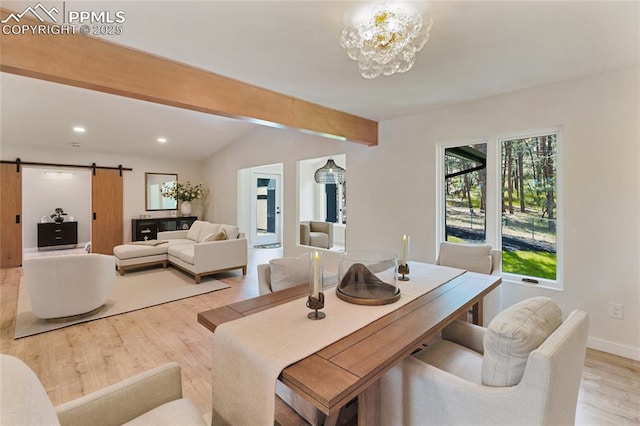 1320 Spring Valley Dr, Colorado Springs, CO 80921 - dining space with light wood-type flooring, a barn door, recessed lighting, beam ceiling, and a chandelier