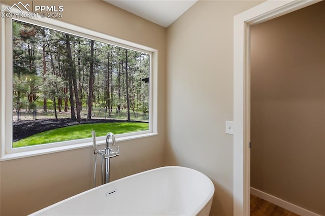 1320 Spring Valley Dr, Colorado Springs, CO 80921 - bathroom with a freestanding bath, plenty of natural light, and wood finished floors