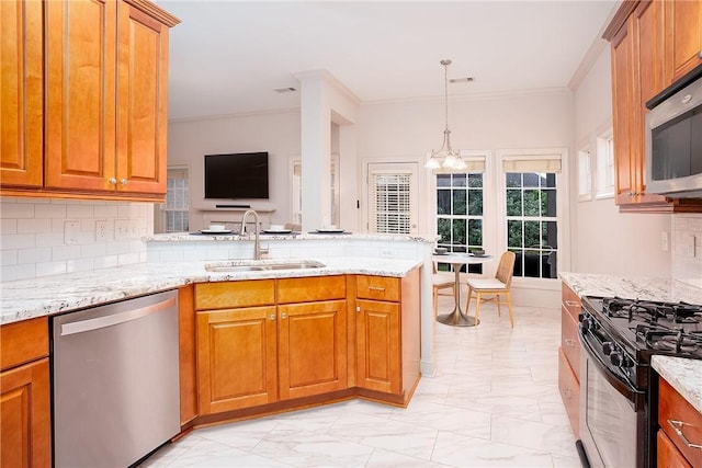 667 Carpenter Way, Auburn, AL 36830 - kitchen with appliances with stainless steel finishes, a sink, light marble finish flooring, brown cabinets, and crown molding