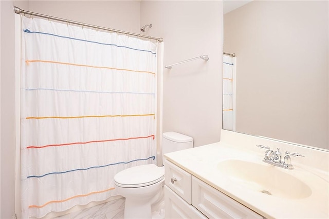 667 Carpenter Way, Auburn, AL 36830 - bathroom featuring toilet, vanity, marble look tile flooring, and a shower with curtain