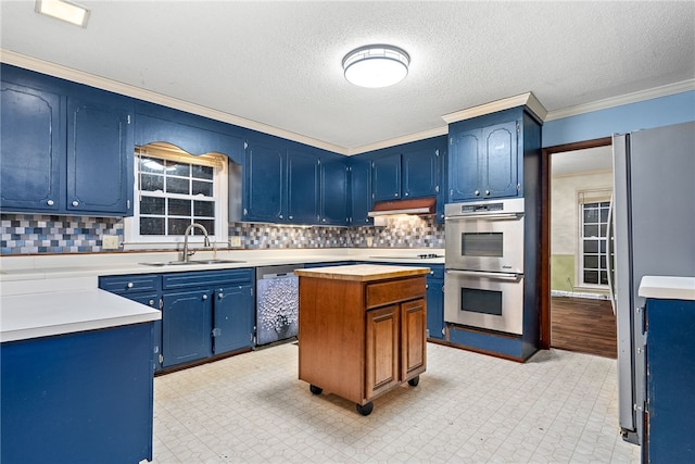 kitchen with sink, appliances with stainless steel finishes, and blue cabinetry