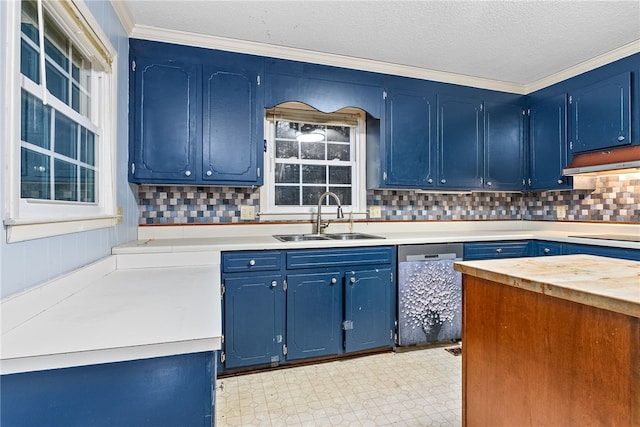 kitchen featuring sink, stainless steel dishwasher, blue cabinetry, and ornamental molding