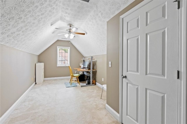 2260 Core Dr, Auburn, AL 36830 - carpeted office with a textured ceiling, lofted ceiling, and a ceiling fan