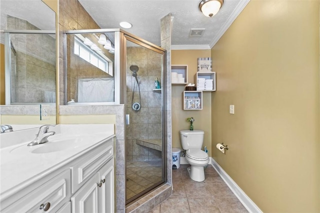 2260 Core Dr, Auburn, AL 36830 - full bathroom with vanity, ornamental molding, tile patterned flooring, a stall shower, and a textured ceiling