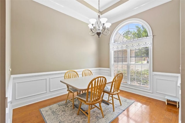 2260 Core Dr, Auburn, AL 36830 - dining space with a chandelier, a wainscoted wall, a tray ceiling, wood finished floors, and a decorative wall