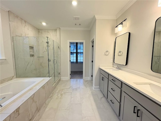 bathroom featuring plus walk in shower, ornamental molding, and vanity