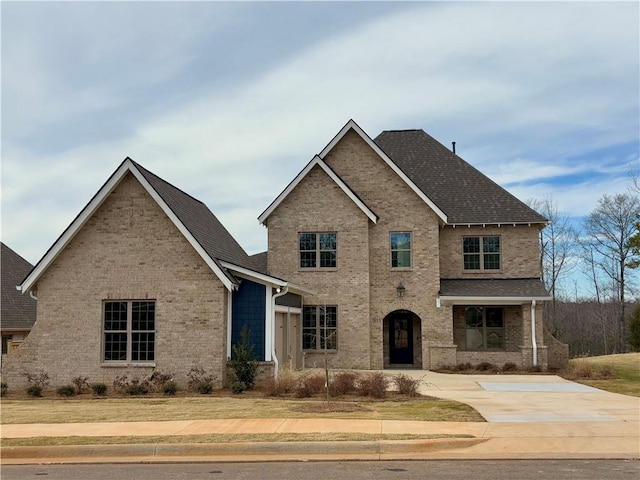 traditional home with a shingled roof, a front yard, and brick siding