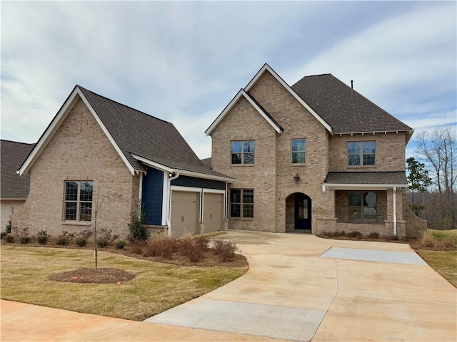 traditional home with a garage, driveway, brick siding, and a front yard