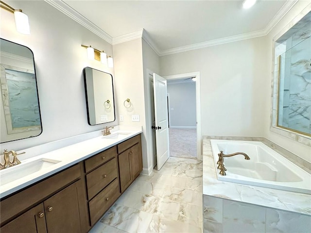 1649 James Burt Pkwy, Auburn, AL 36830 - bathroom with ornamental molding, a garden tub, double vanity, marble look tiles, and baseboards