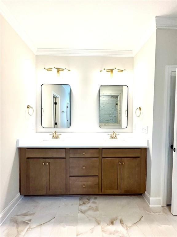 1649 James Burt Pkwy, Auburn, AL 36830 - bathroom with baseboards, marble look tile flooring, crown molding, and double vanity