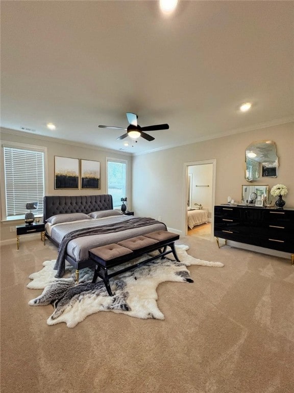 1649 James Burt Pkwy, Auburn, AL 36830 - bedroom with ornamental molding, light carpet, recessed lighting, a ceiling fan, and baseboards