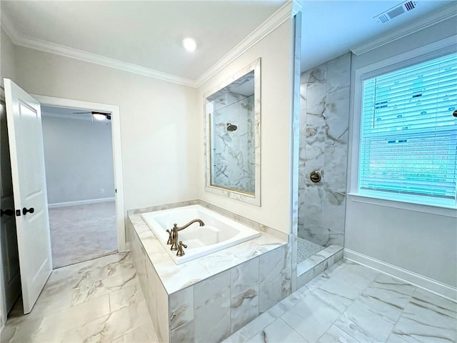 1649 James Burt Pkwy, Auburn, AL 36830 - bathroom featuring marble look tile flooring, crown molding, a bath, tiled shower, and baseboards
