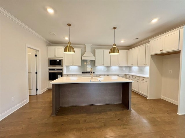 1649 James Burt Pkwy, Auburn, AL 36830 - kitchen featuring stainless steel appliances, custom exhaust hood, baseboards, white cabinets, and backsplash