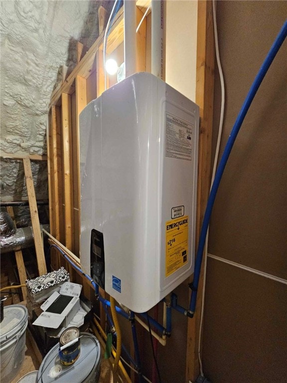 utility room with tankless water heater