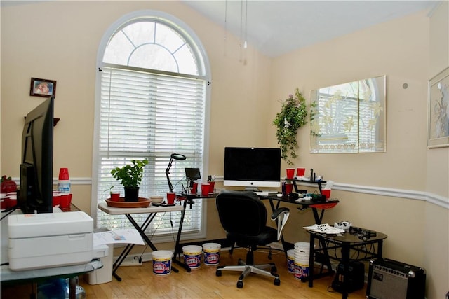 office area with lofted ceiling, a wealth of natural light, and wood finished floors