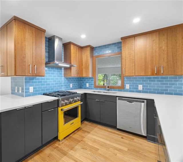 kitchen with sink, stainless steel appliances, wall chimney range hood, decorative backsplash, and light wood-type flooring