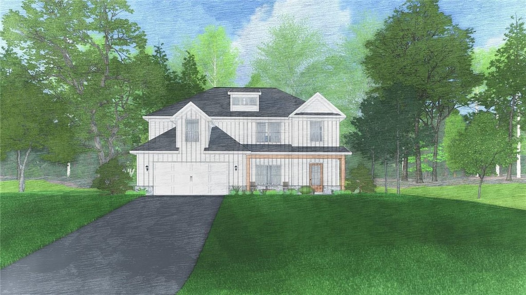 1848 Solamere Ct, Auburn, AL 36832 - view of front facade with asphalt driveway, board and batten siding, a garage, and a front yard