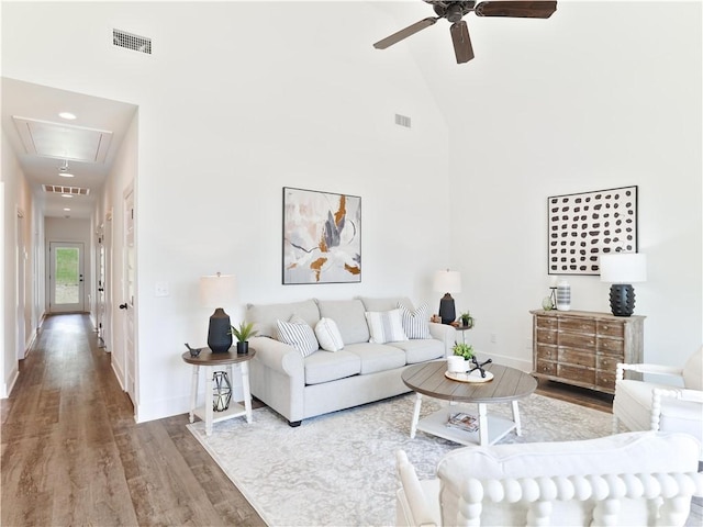 016 Crossing Ct E, Valley, AL 36854 - living room with attic access, wood finished floors, a high ceiling, ceiling fan, and baseboards