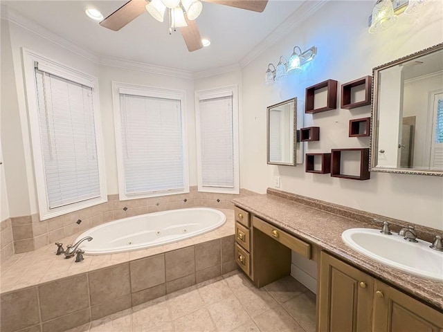 bathroom featuring ornamental molding, vanity, ceiling fan, tile patterned flooring, and tiled bath