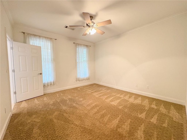 spare room with carpet flooring, ceiling fan, and ornamental molding