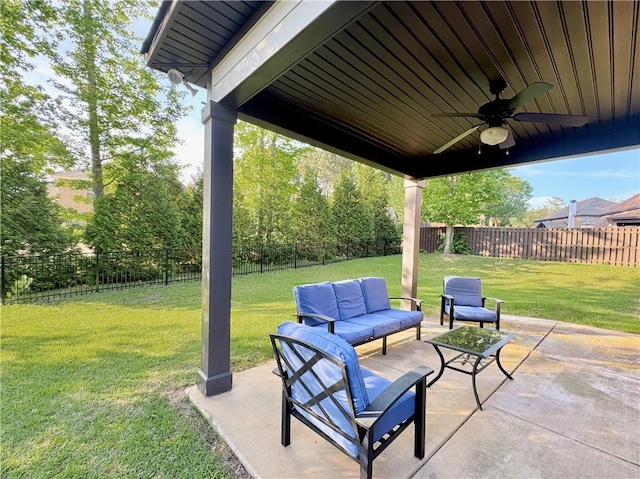 view of patio featuring ceiling fan and an outdoor hangout area
