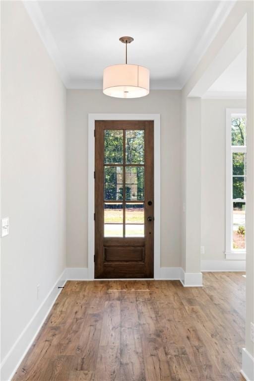 doorway to outside featuring hardwood / wood-style flooring, ornamental molding, and a wealth of natural light