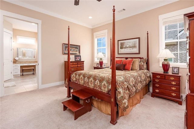 bedroom featuring visible vents, baseboards, ceiling fan, light colored carpet, and recessed lighting