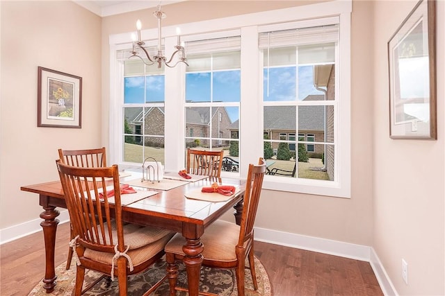 dining room featuring a wealth of natural light, a chandelier, baseboards, and wood finished floors