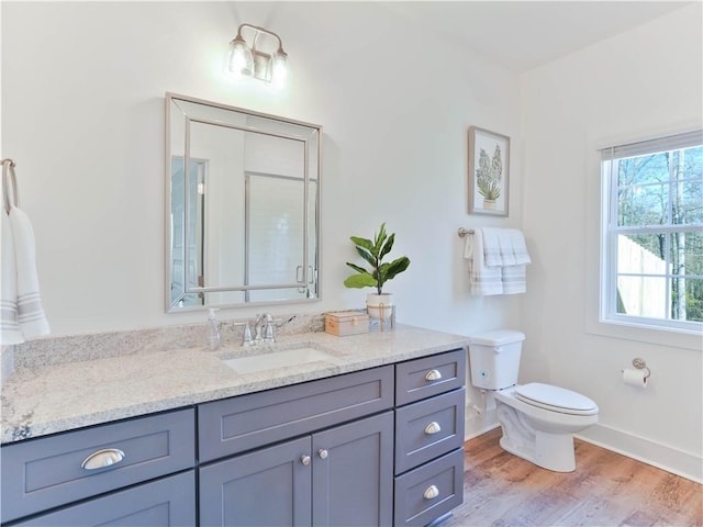 bathroom with hardwood / wood-style flooring, vanity, toilet, and a shower with door