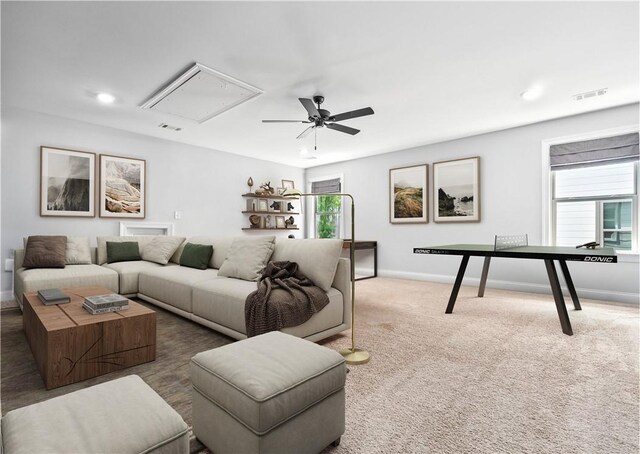 3053 Mimms Trail Rd, Auburn, AL 36832 - carpeted living area featuring attic access, a ceiling fan, and baseboards