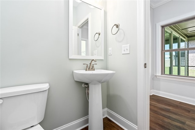 3053 Mimms Trail Rd, Auburn, AL 36832 - bathroom with wood finished floors, baseboards, toilet, ornamental molding, and a sink