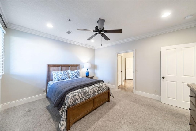 bedroom with ceiling fan, crown molding, and light carpet